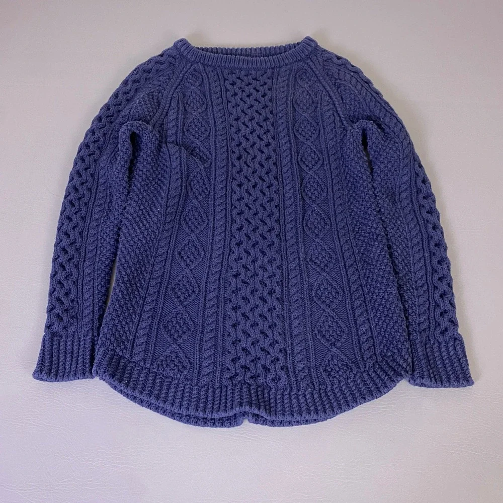 LL Bean Signature Women's‎ Small Navy Blue Cable Fisherman Knit Sweater Side Zip